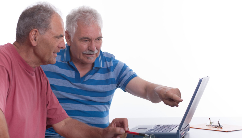 Two men with a laptop, one is pointing at the screen and explaining something
