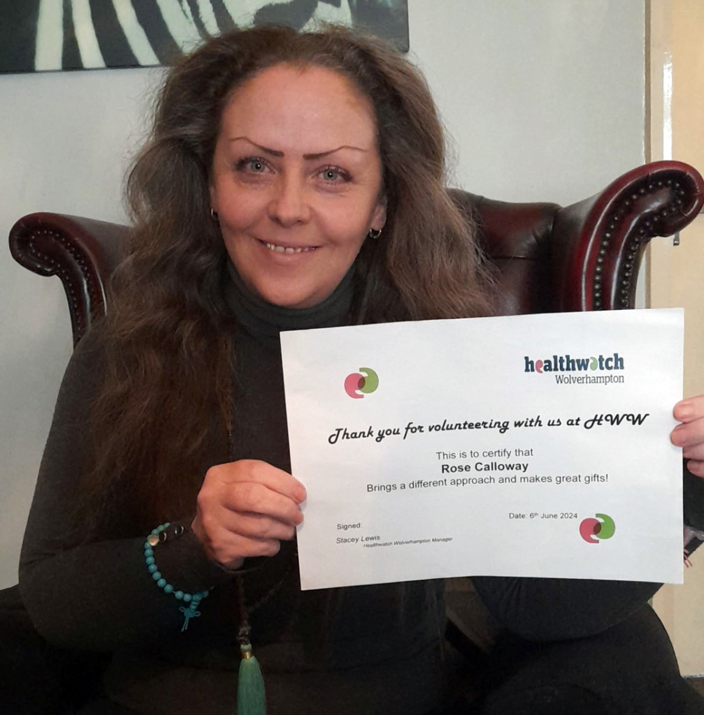Rosa with her volunteer thank you certificate from Wolverhampton Healthwatch