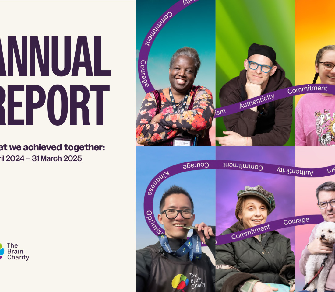 Cover of The Brain Charity's annual report 2024-25. Featuring some people from our community.