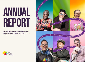 Cover of The Brain Charity's annual report 2024-25. Featuring some people from our community.