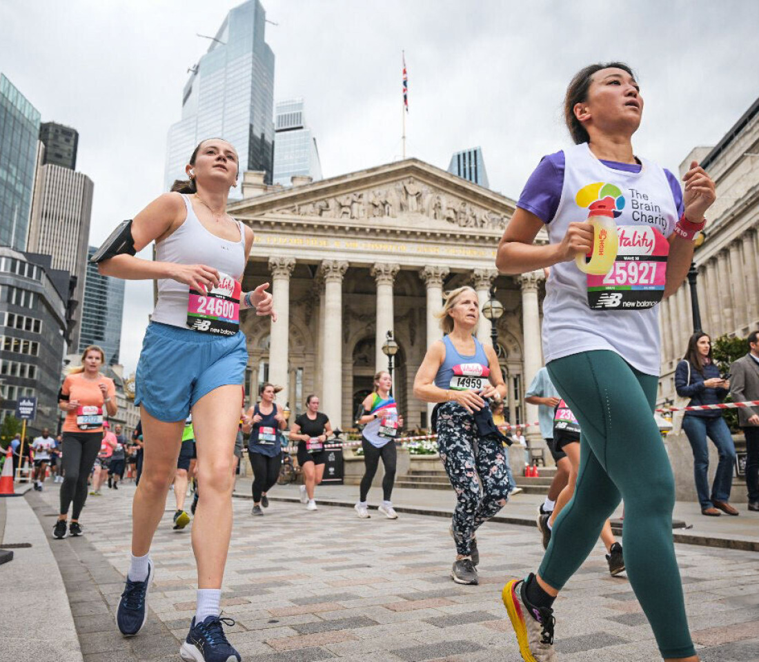 Christine, in Brain Charity running shirt, running the race in London