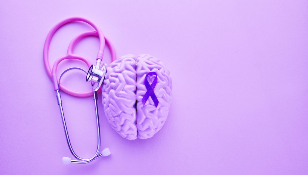 Purple brain, ribbon and stethoscope