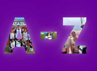 Cut-outs of the letters A - Z with pictures of fundraisers in them, against a plain purple background