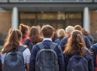 Children wearing school uniforms and backpacks walking towards doors of a school.