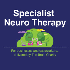 Graphic showing two people in a therapy setting beneath the text ‘Specialist Neuro Therapy’, for businesses and caseworkers, delivered by The Brain Charity.