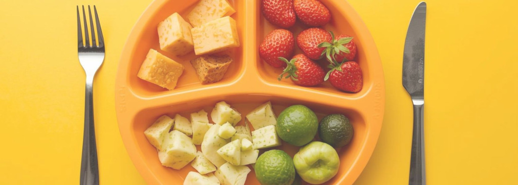 food divided into types on a sectioned plate
