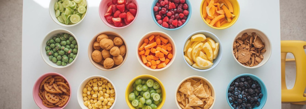 Various foods in different bowls on a table top