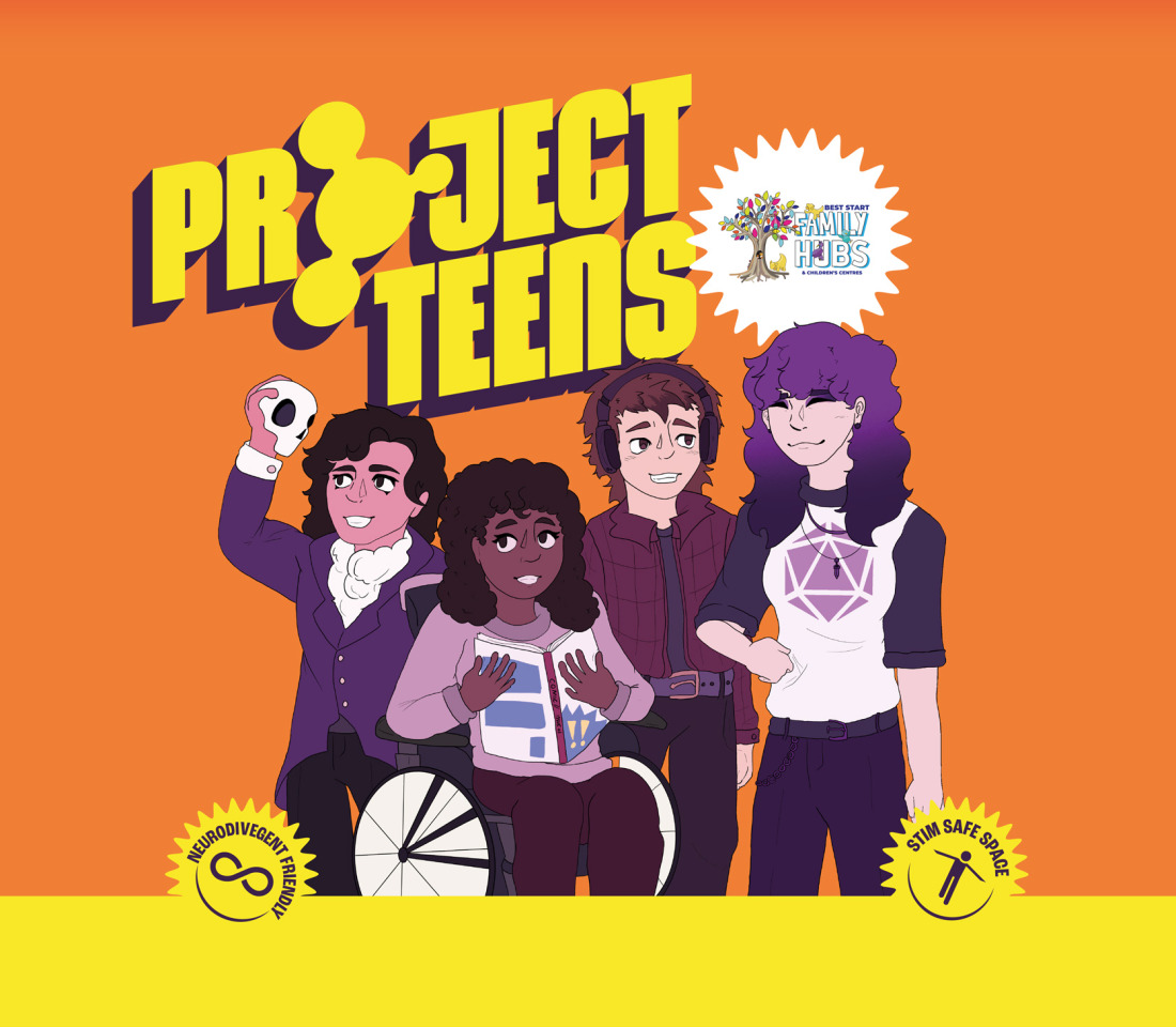 Illustrated banner on an orange background with the title “Project Teens”. Four illustrated young people stand together, including one using a wheelchair, holding items like a book and a camera.