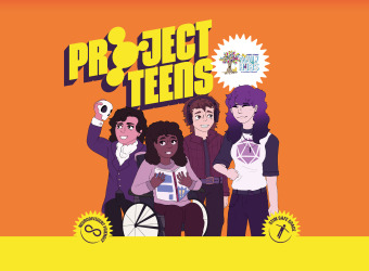 Illustrated banner on an orange background with the title “Project Teens”. Four illustrated young people stand together, including one using a wheelchair, holding items like a book and a camera.