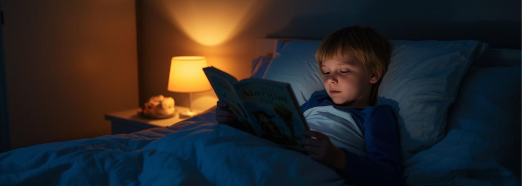 A boy reading in bed