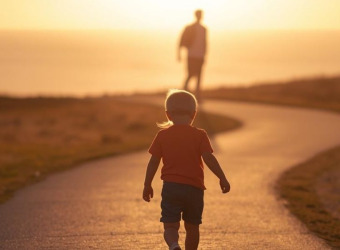 A boy standing on a winding path with an adult at the end. It is sunrise.