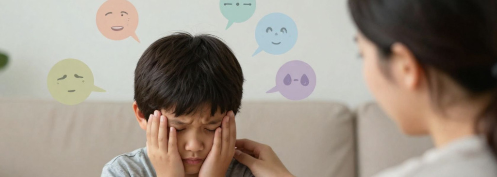 A child sitting with hands on their face while an adult sits nearby with a hand on their shoulder; illustrated speech bubbles appear in the background showing different emotions.
