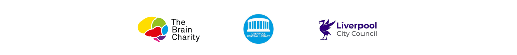 Logos of The Brain Charity, Liverpool Central Library and Liverpool City Council