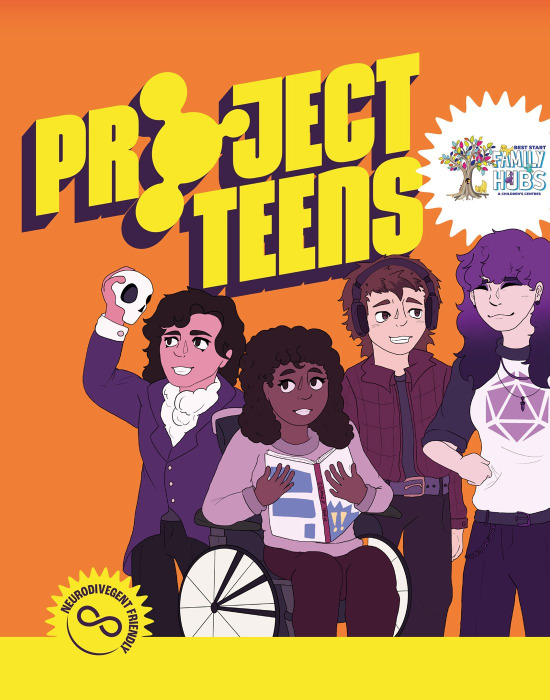 Illustrated banner on an orange background with the title “Project Teens”. Four illustrated young people stand together, including one using a wheelchair, holding items like a book and a camera.