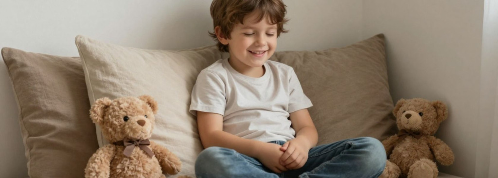 Boy sitting on sofa with his eyes closed, smiling