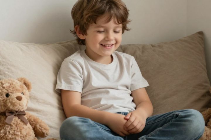 Boy sitting on sofa with his eyes closed, smiling