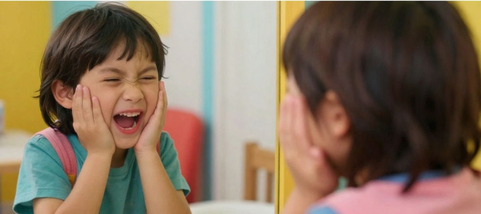 Young boy holding hands to his face and screaming into a mirror