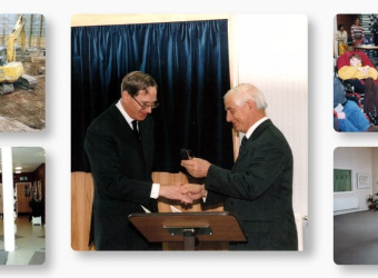 Five pictures from the early days of The Brain Charity featuring Duke of Gloucester and Sir Paul Girolami at the opening ceremony in the central image.