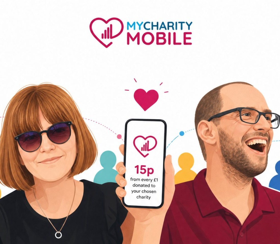 MyCharity Mobile Webpage Header Image. A man and a woman. The man is holding a phone.