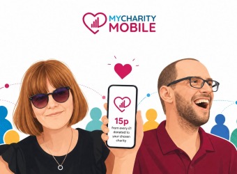 MyCharity Mobile Webpage Header Image. A man and a woman. The man is holding a phone.