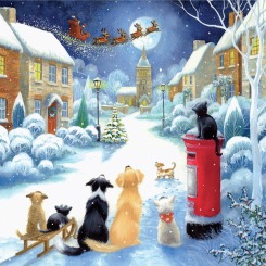 Cats and dogs sitting in a snowy scene watching Santa fly across the sky
