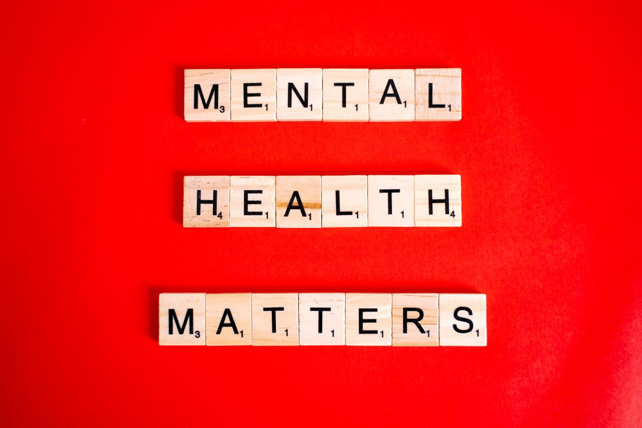 The words 'Mental Health Matters' are written in block on a red background.