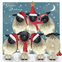 Painting of sheep standing on each others' backs to make a Christmas tree shape