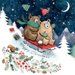 Cartoon bears sledging down a snowy mountain