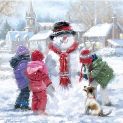 Painting of children building a snowman