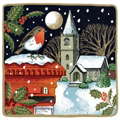 traditional block print-style illustration of a robin perched on a snow-covered village postbox